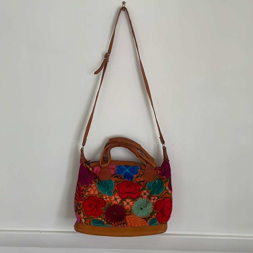 Boho Crossbody Mexican Handstiched  Bag with Leather Trim